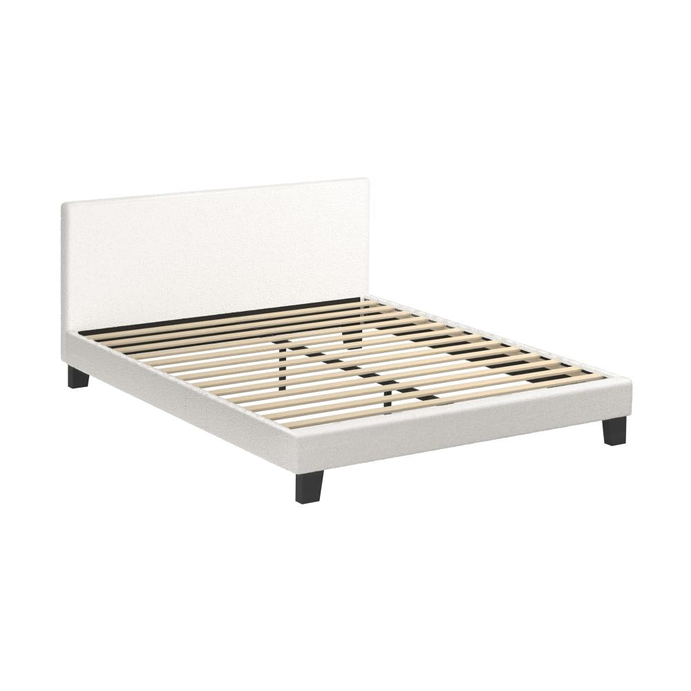 Double Bed Frame Wooden Slats Boucle Fabric White