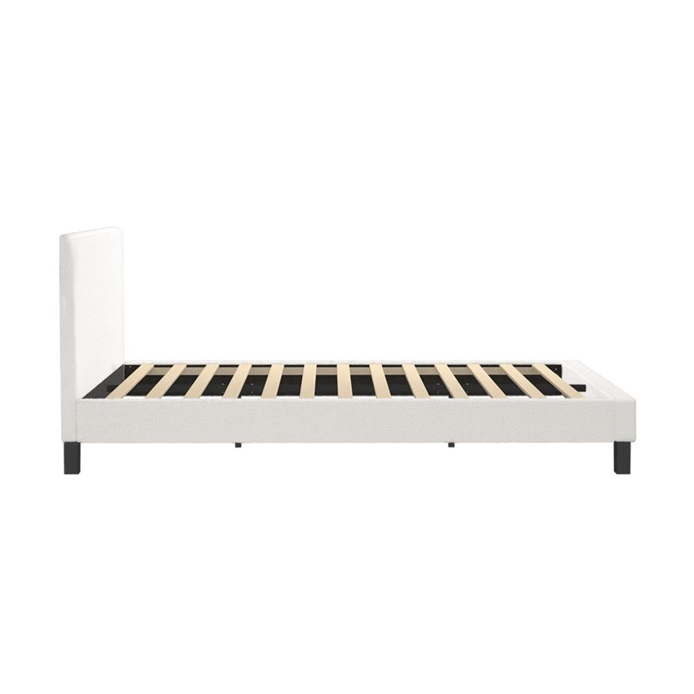 Double Bed Frame Wooden Slats Boucle Fabric White