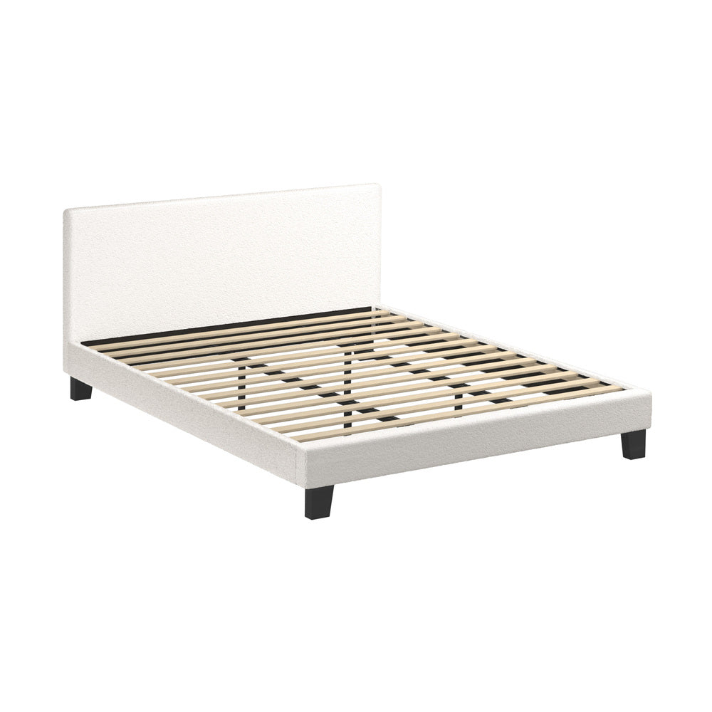 King Bed Frame Wooden Slats Boucle Fabric White