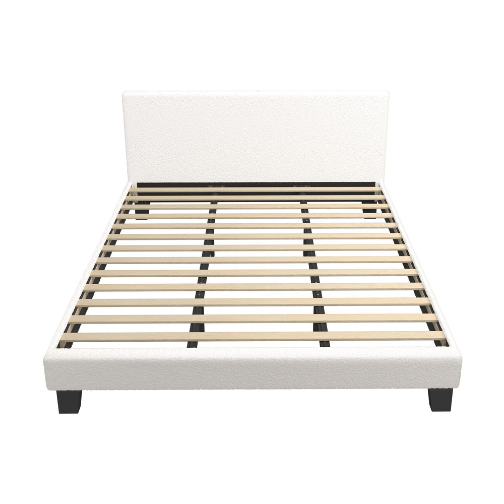 King Bed Frame Wooden Slats Boucle Fabric White