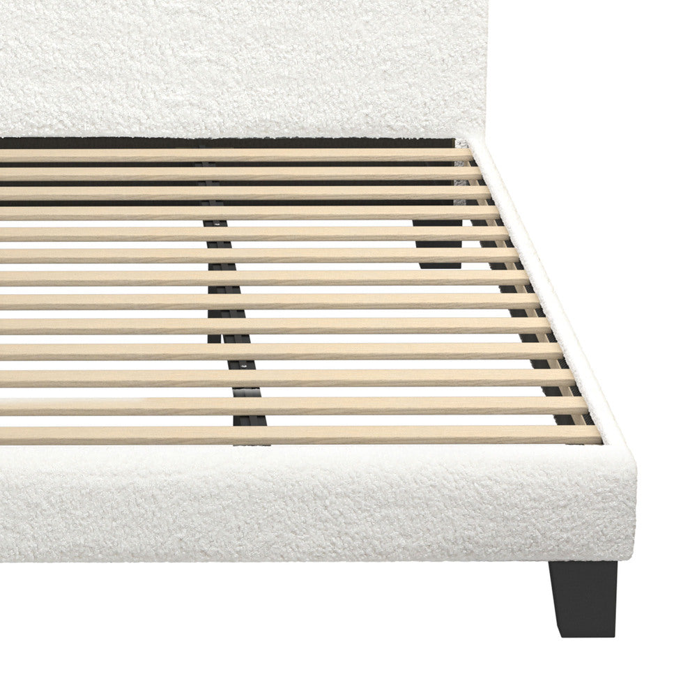 King Bed Frame Wooden Slats Boucle Fabric White