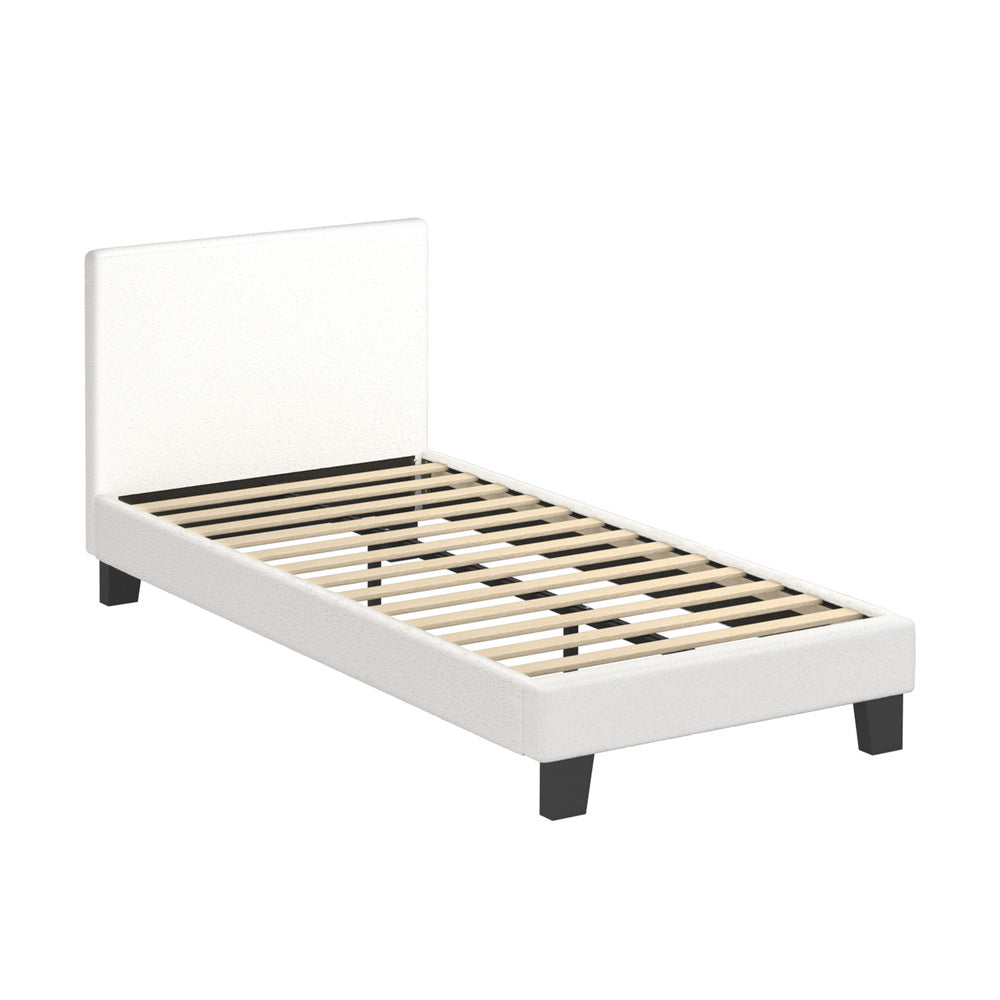 King Single Bed Frame Wood Slats Boucle White