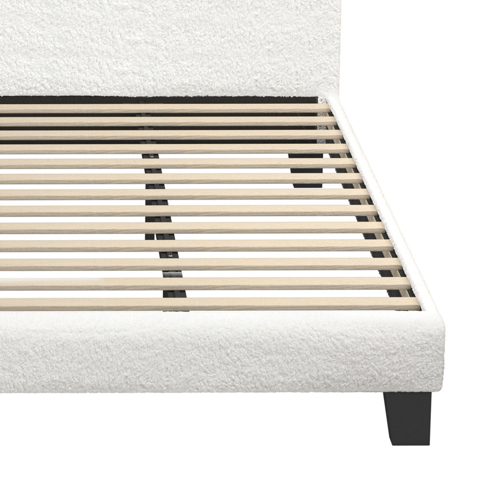 King Single Bed Frame Wood Slats Boucle White