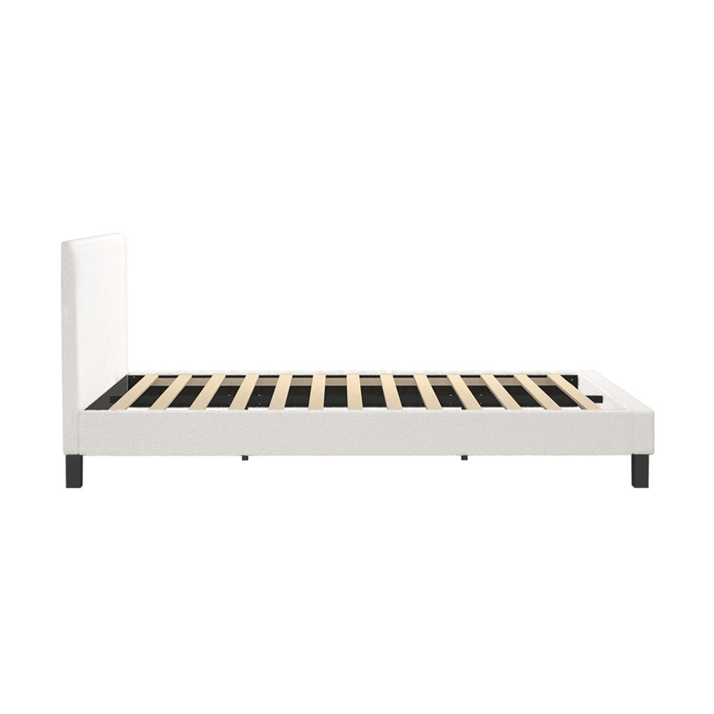 King Single Bed Frame Wood Slats Boucle White