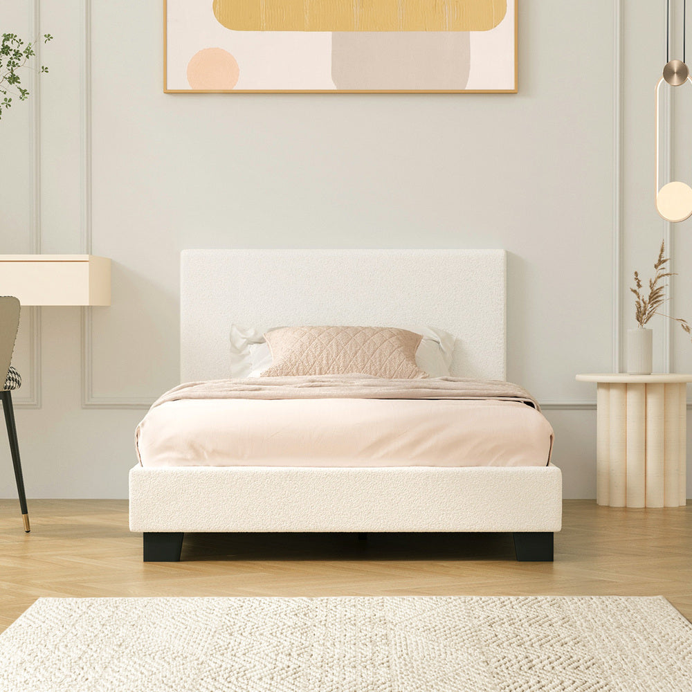 King Single Bed Frame Wood Slats Boucle White