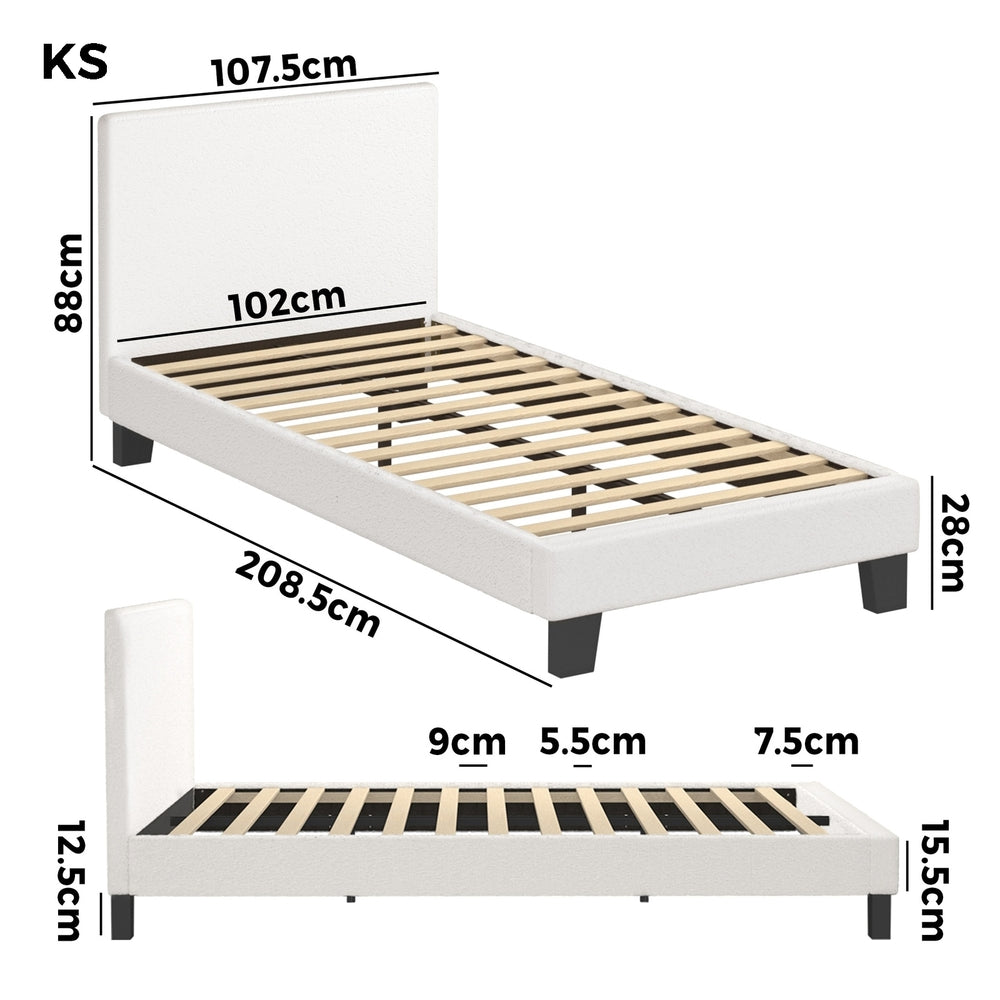 King Single Bed Frame Wood Slats Boucle White