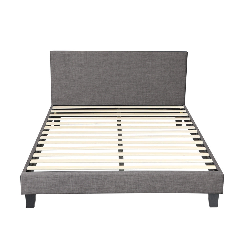Bed Frame Queen Size Wooden Slats Grey Fabric
