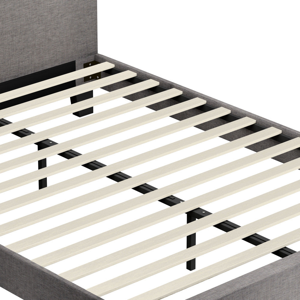 Bed Frame Queen Size Wooden Slats Grey Fabric