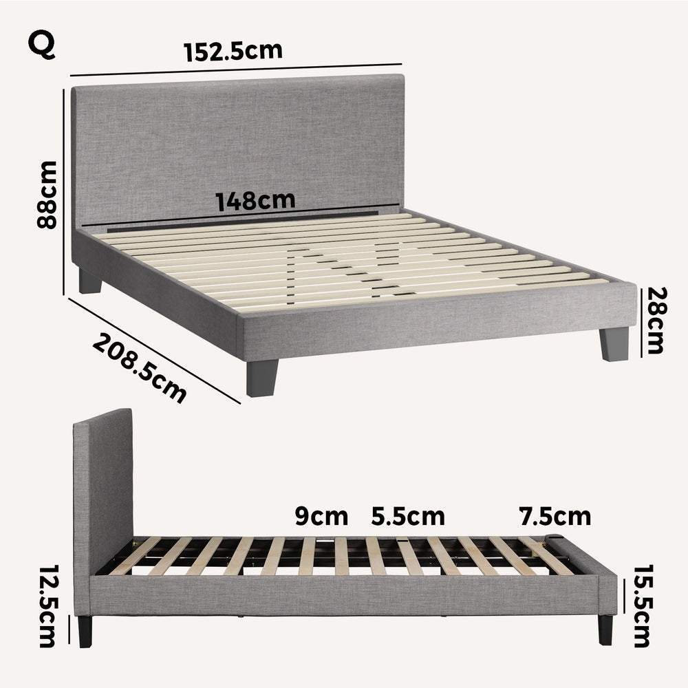 Bed Frame Queen Size Wooden Slats Grey Fabric