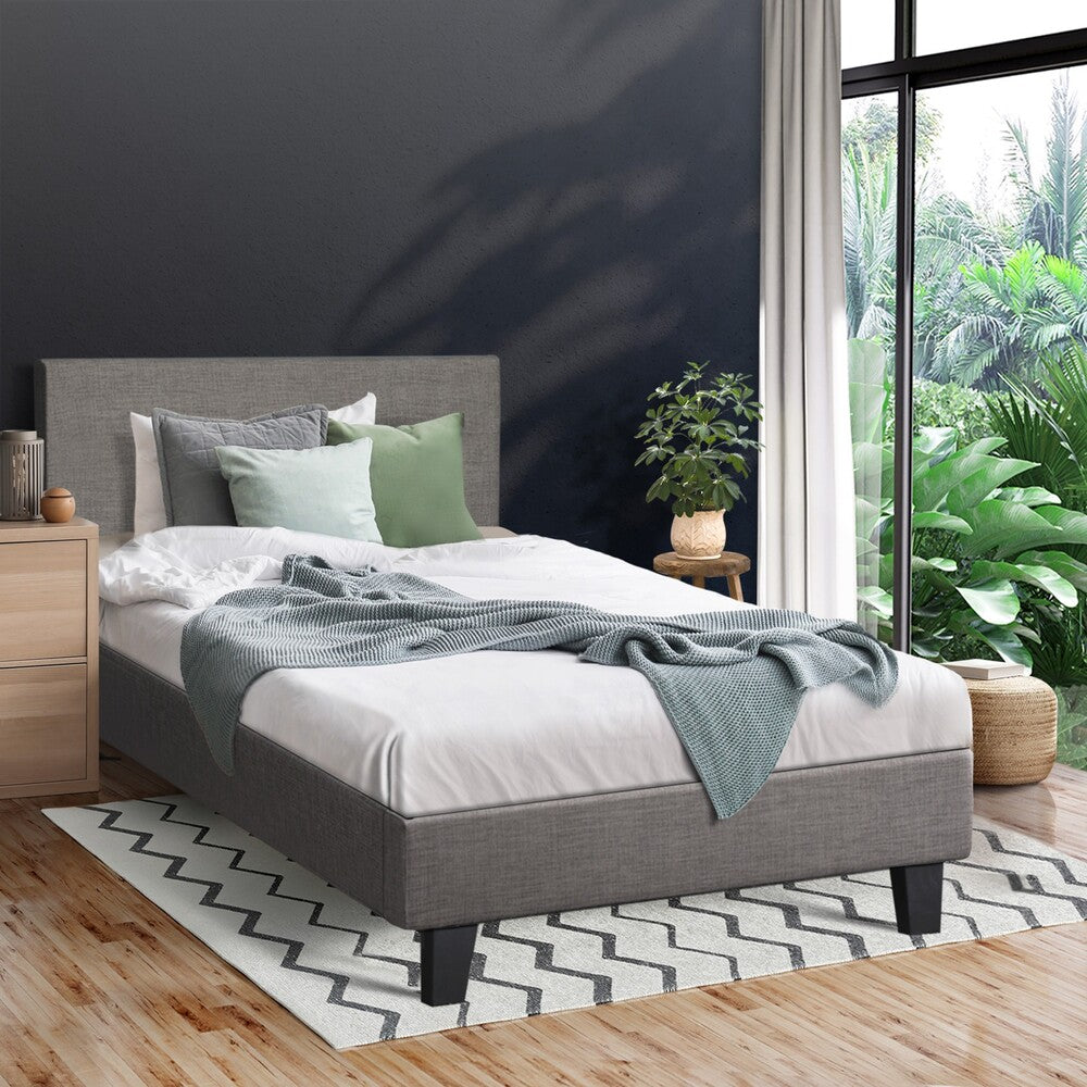 Bed Frame Single Size Wooden Slats Grey Fabric