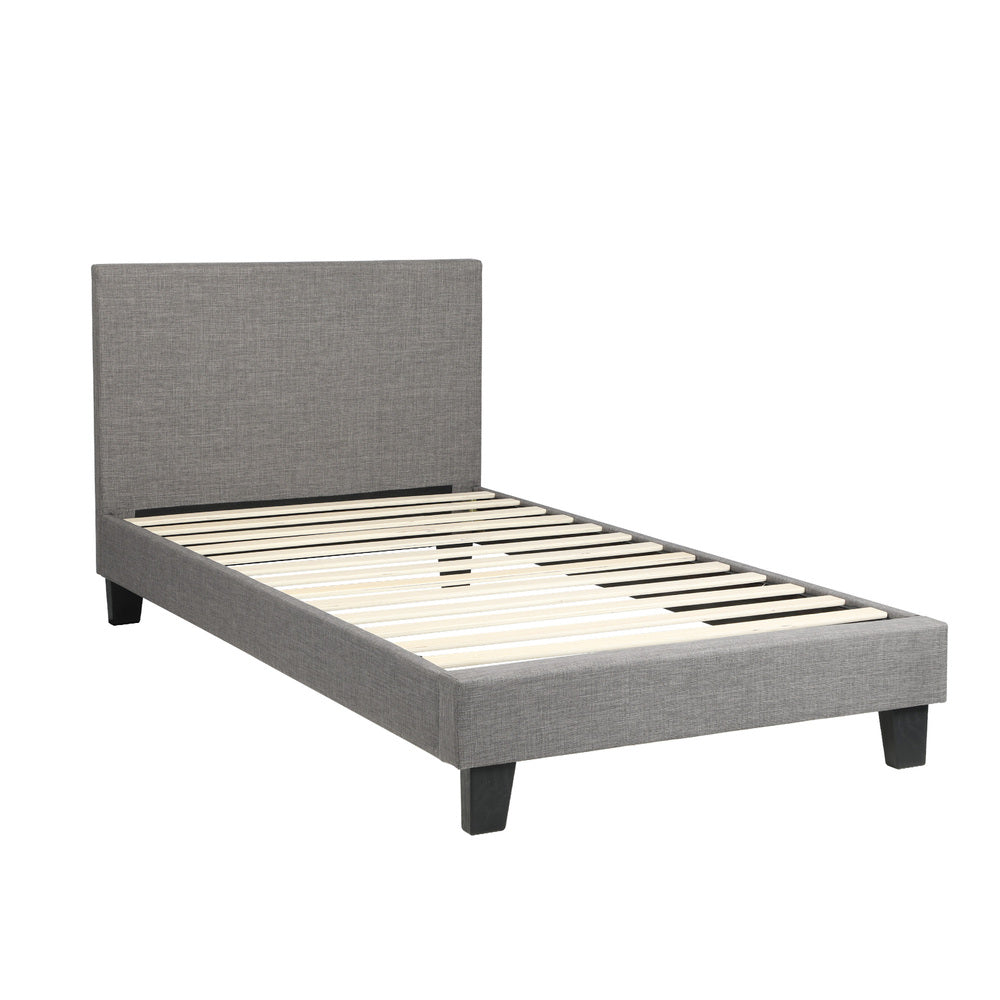 Bed Frame Single Size Wooden Slats Grey Fabric