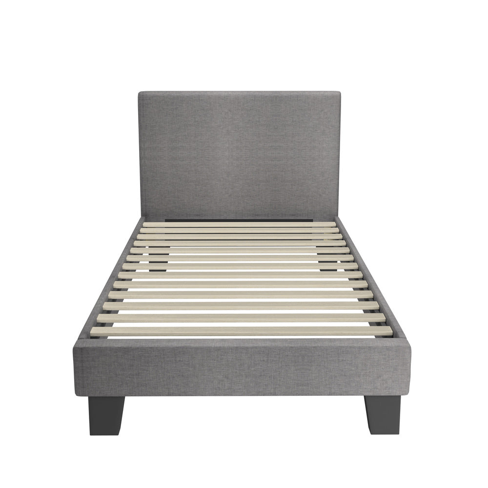 Bed Frame Single Size Wooden Slats Grey Fabric