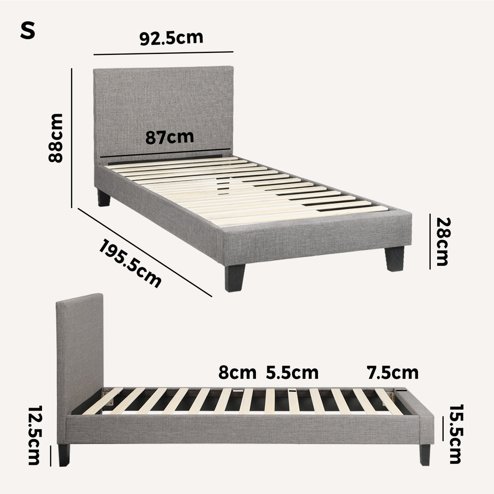 Bed Frame Single Size Wooden Slats Grey Fabric