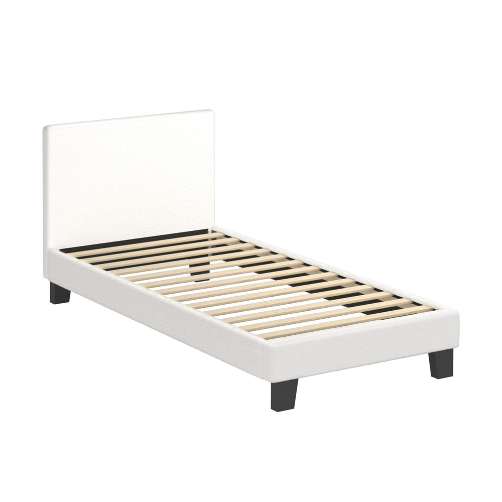 Single Bed Frame Wooden Slats Boucle Fabric White