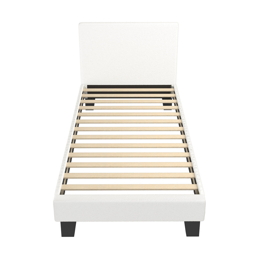 Single Bed Frame Wooden Slats Boucle Fabric White