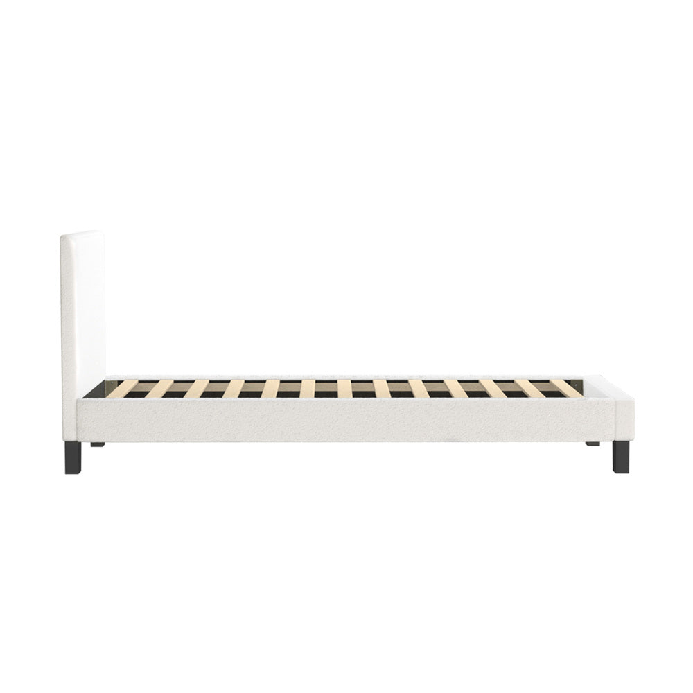 Single Bed Frame Wooden Slats Boucle Fabric White