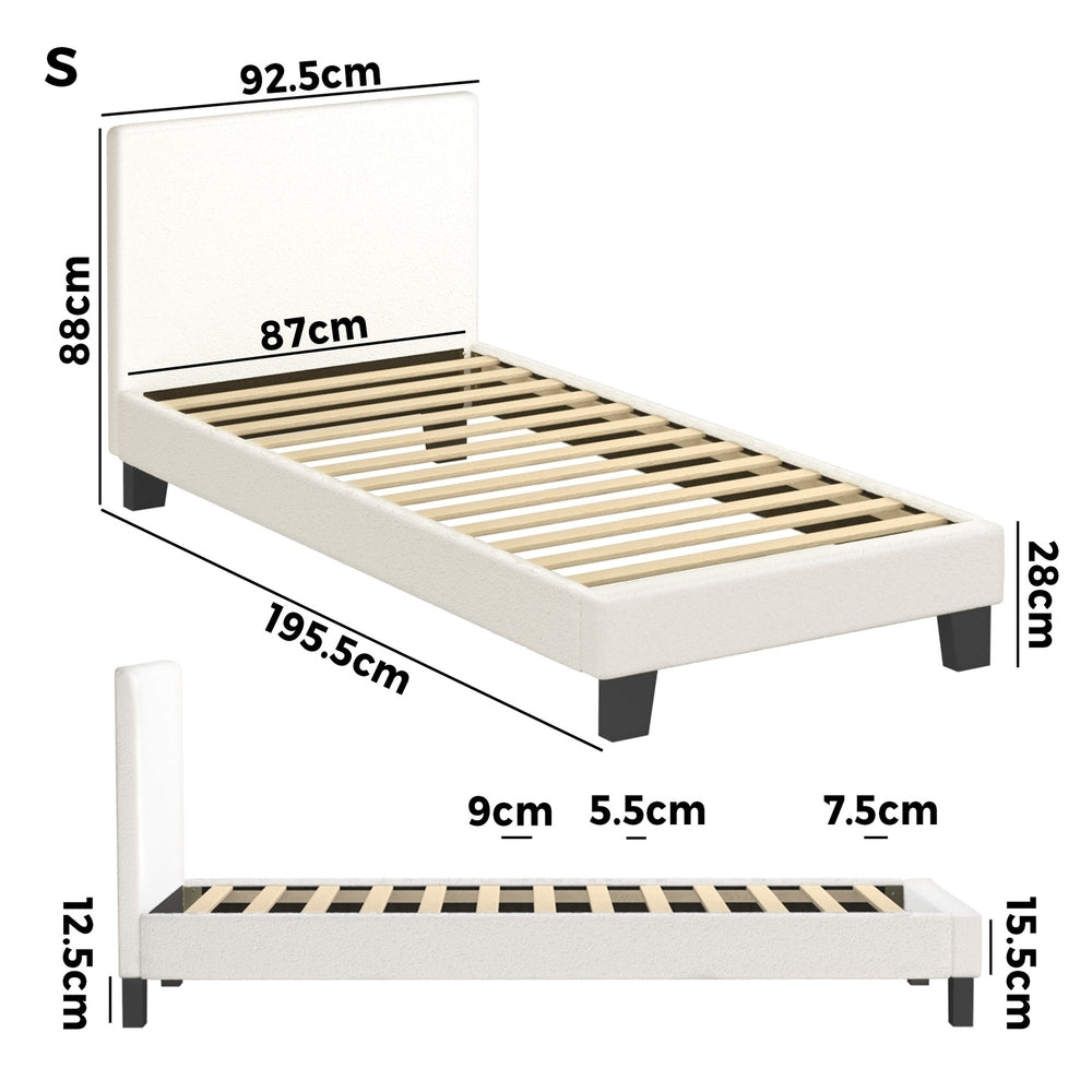 Single Bed Frame Wooden Slats Boucle Fabric White