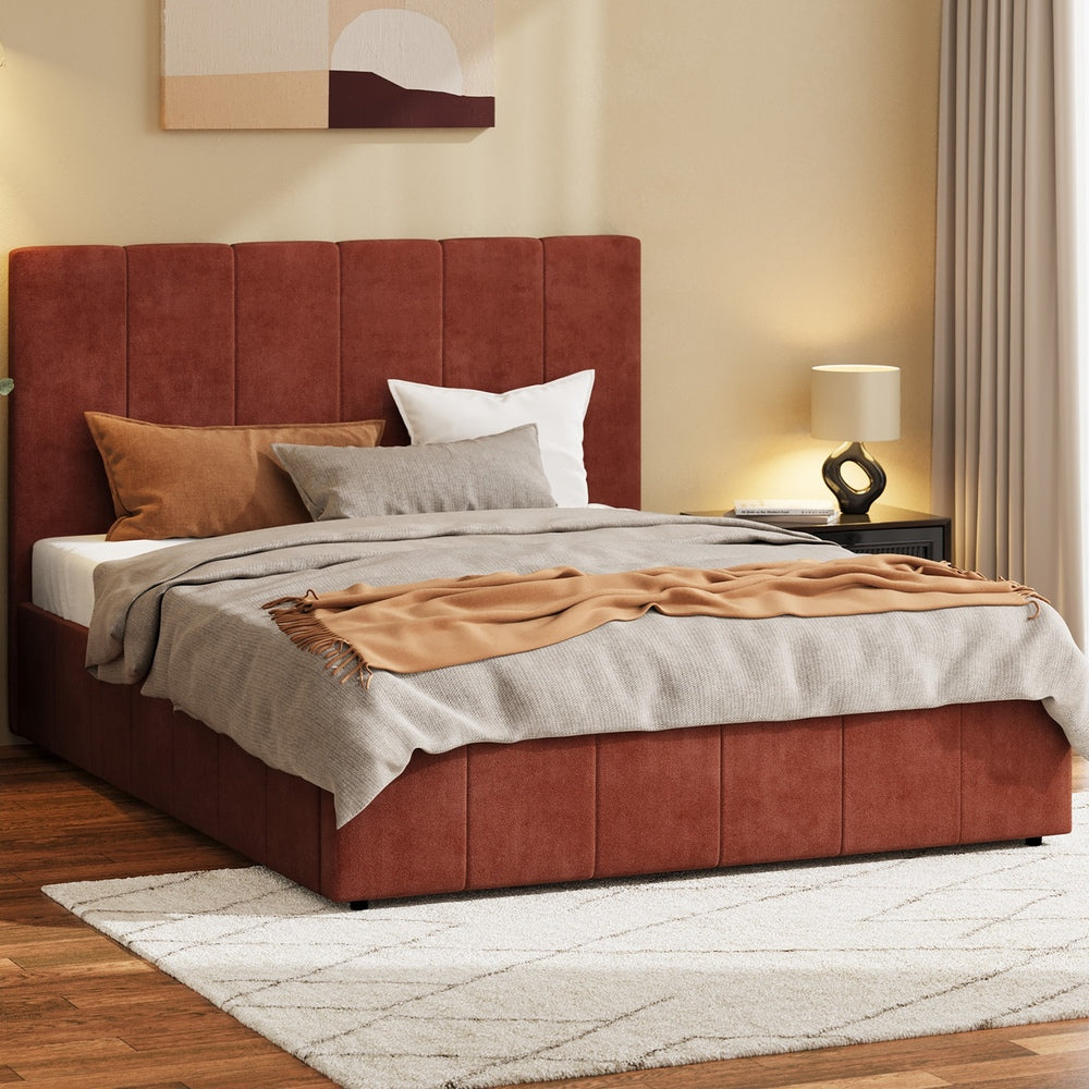 Double Bed Frame, Gas Lift Storage Base, Fluted Headboard, Rust Colour