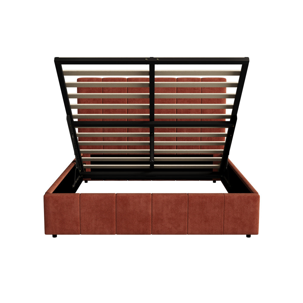 Double Bed Frame, Gas Lift Storage Base, Fluted Headboard, Rust Colour