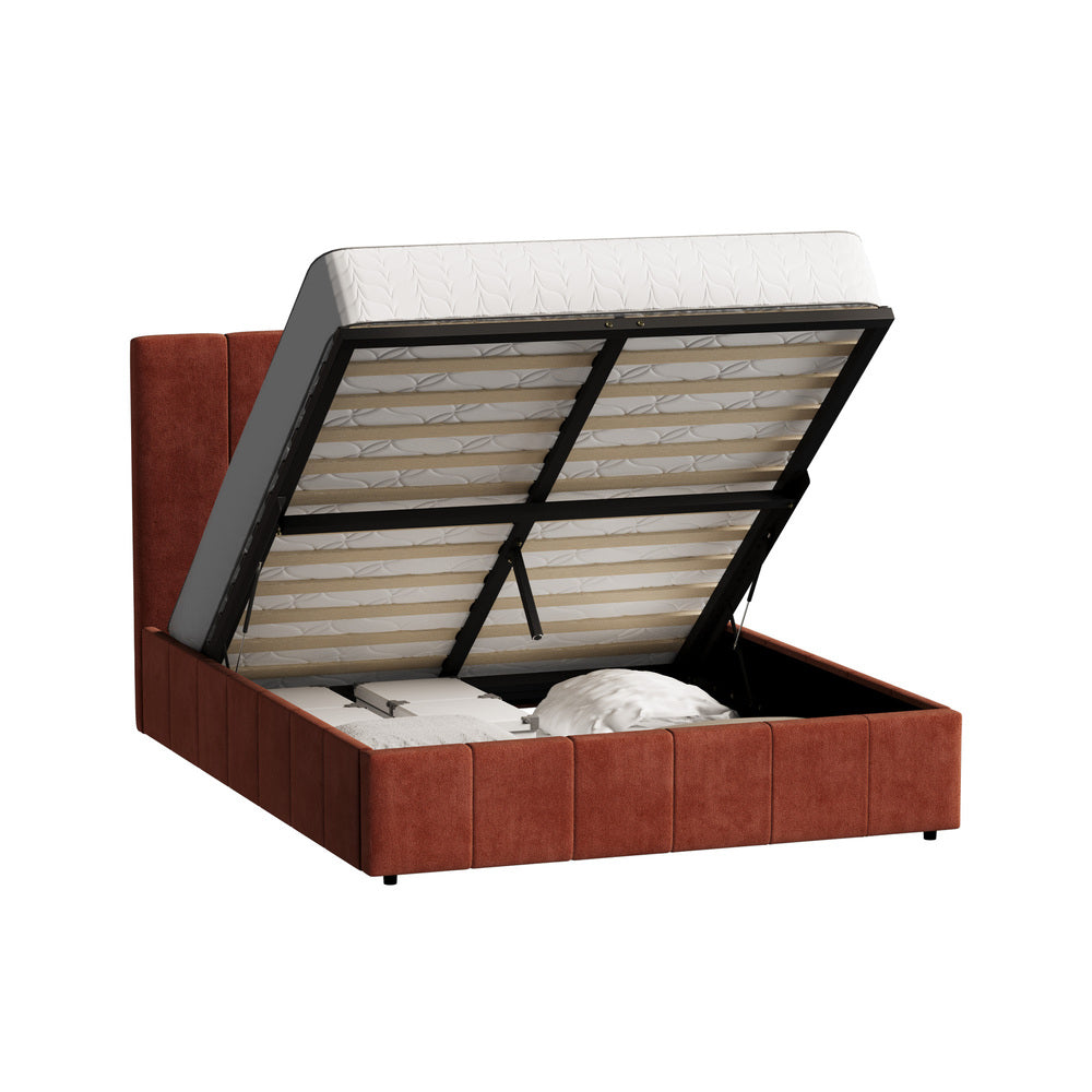 Double Bed Frame, Gas Lift Storage Base, Fluted Headboard, Rust Colour