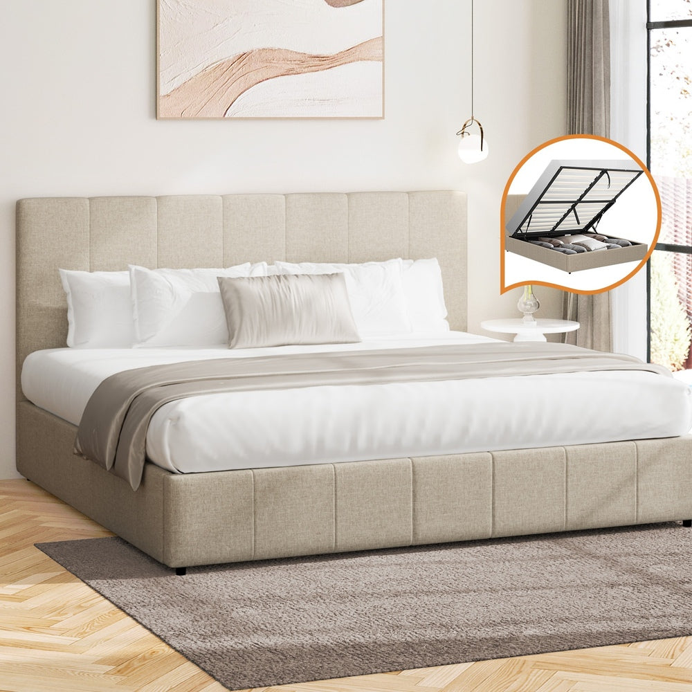 Bed Frame King Size Gas Lift Base Beige Fabric