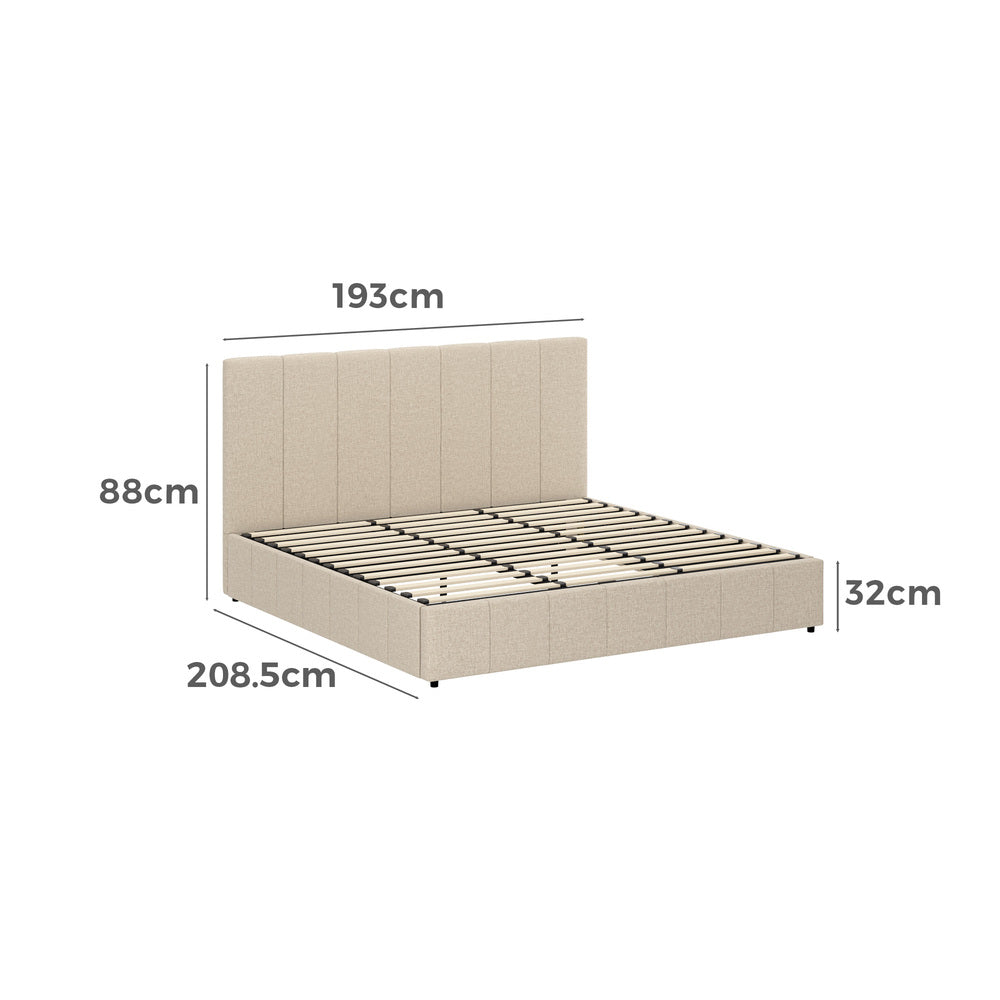 Bed Frame King Size Gas Lift Base Beige Fabric