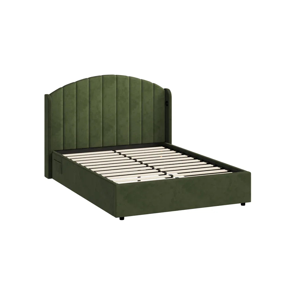 Bed Frame Double With Gas Lift Storage USB Charging Velvet