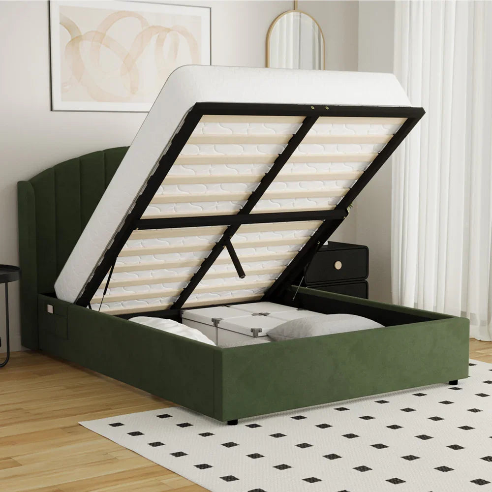 Bed Frame Double With Gas Lift Storage USB Charging Velvet