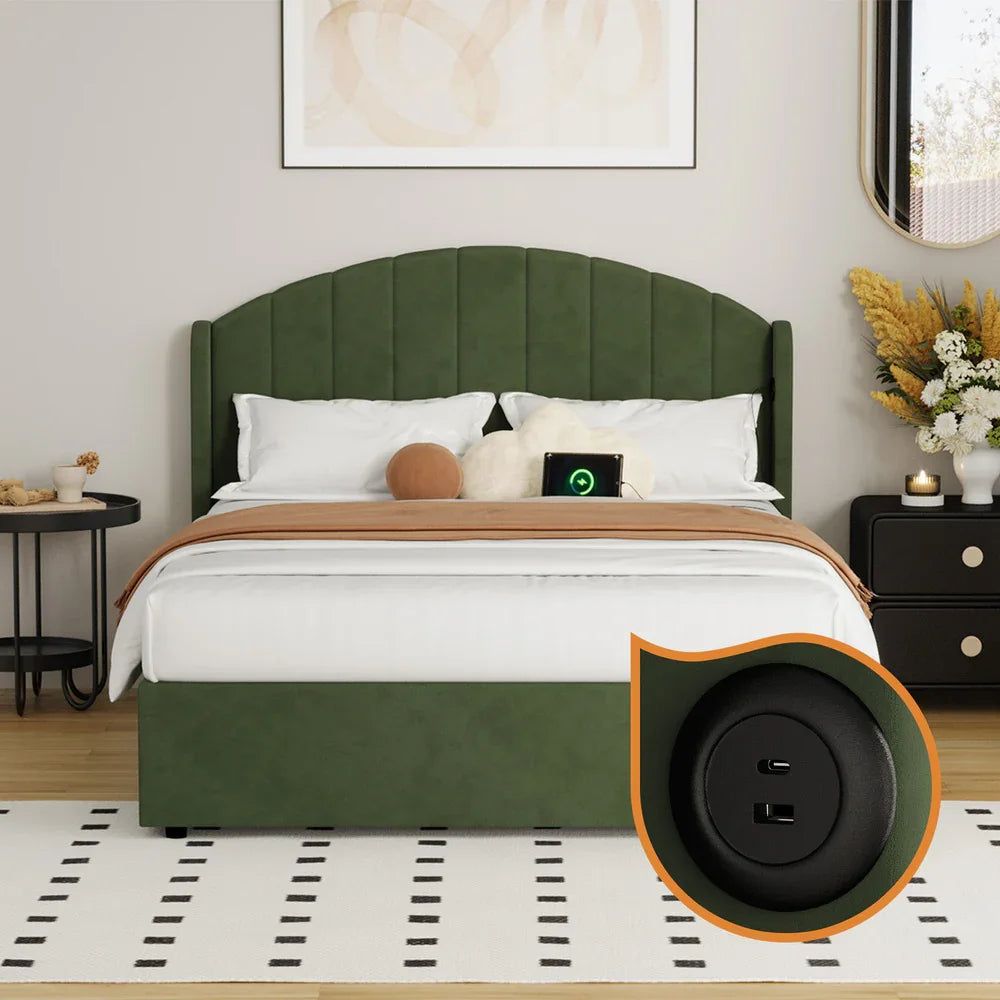 Bed Frame Double With Gas Lift Storage USB Charging Velvet
