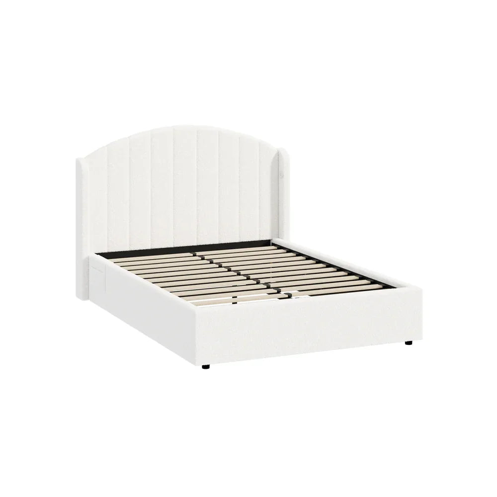 Bed Frame Double With Gas Lift Storage USB Charging Boucle
