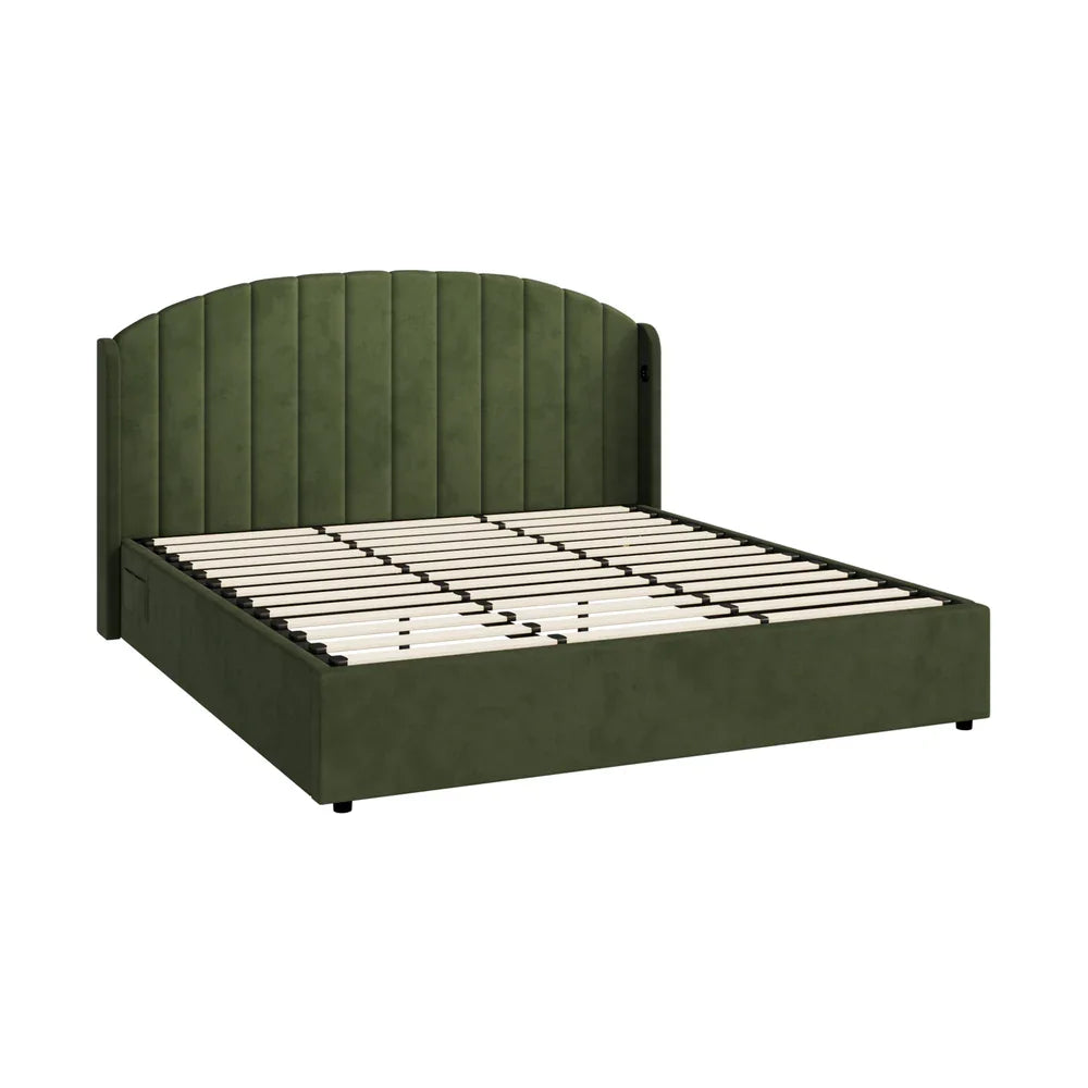Bed Frame King Size With Gas Lift Storage USB Charging Velvet