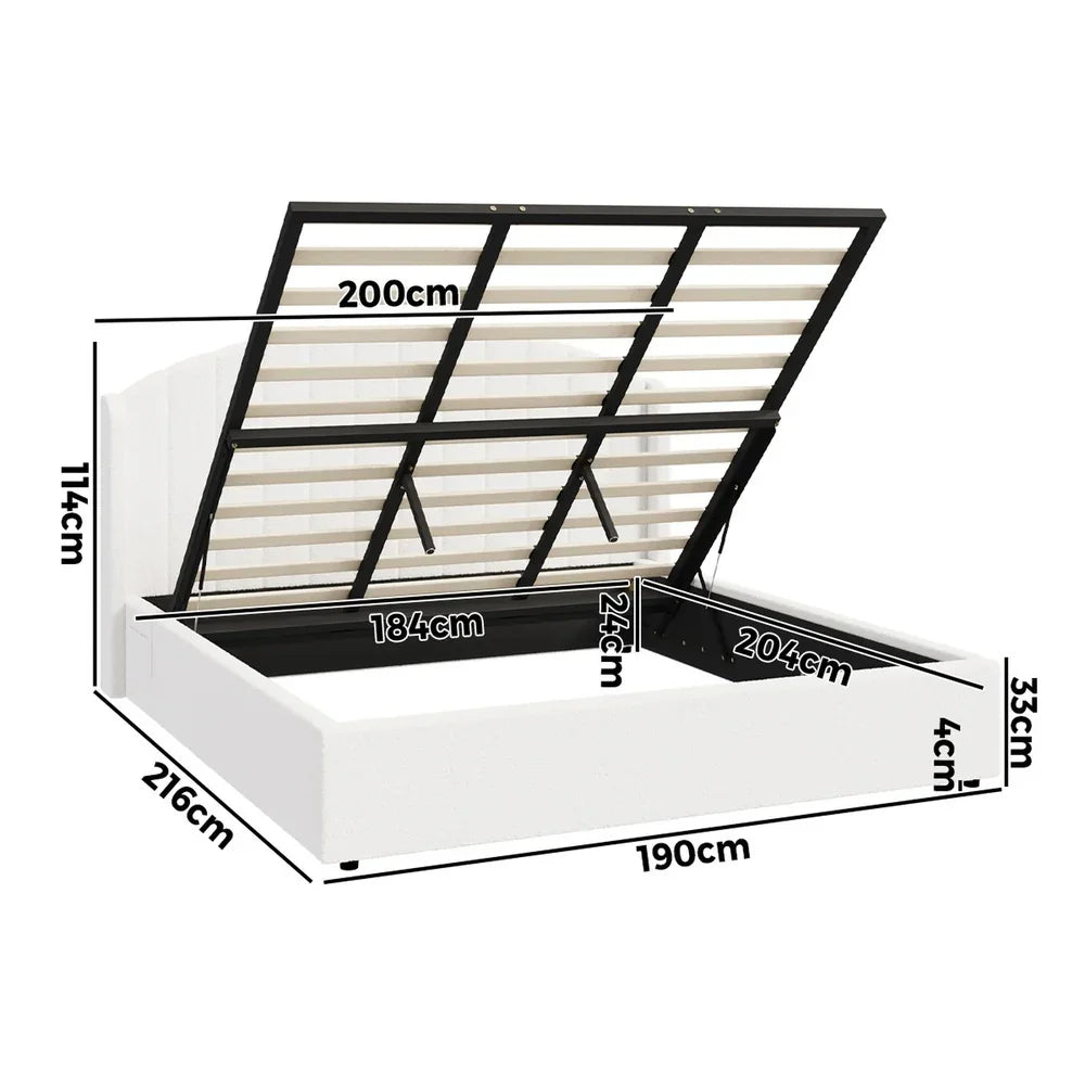 Bed Frame King With Gas Lift Storage USB Charging Boucle