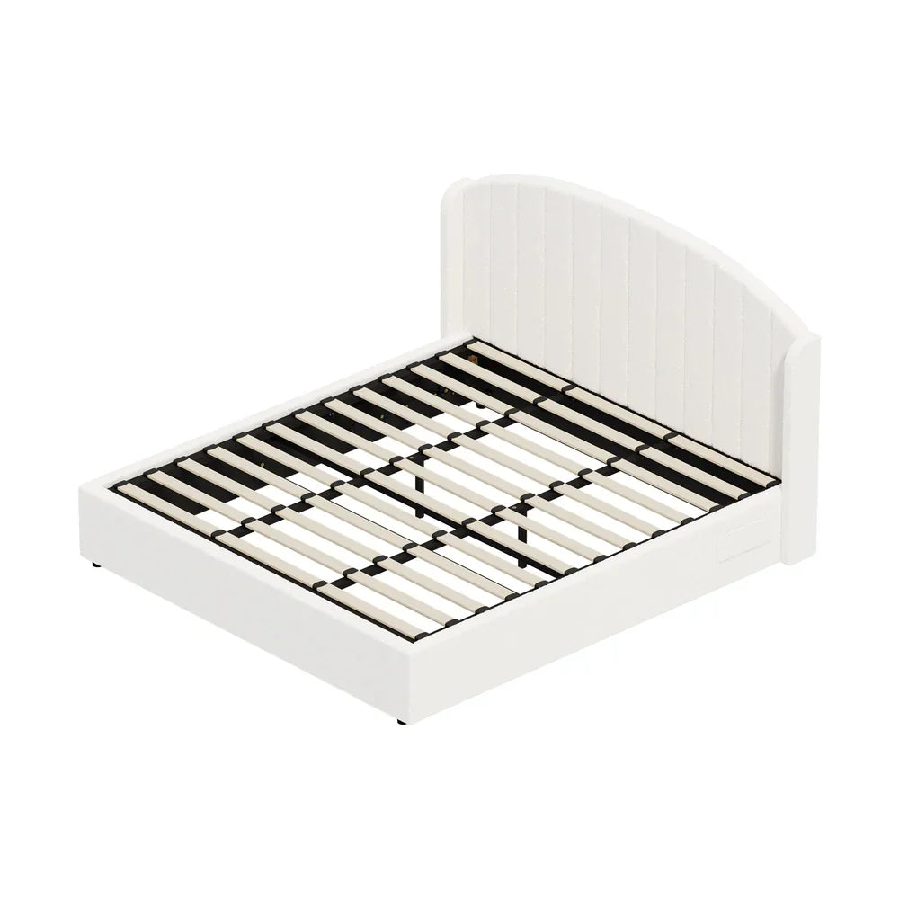 Bed Frame King With Gas Lift Storage USB Charging Boucle