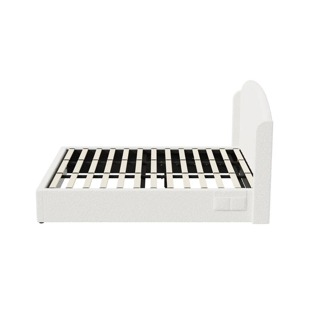 Bed Frame King With Gas Lift Storage USB Charging Boucle