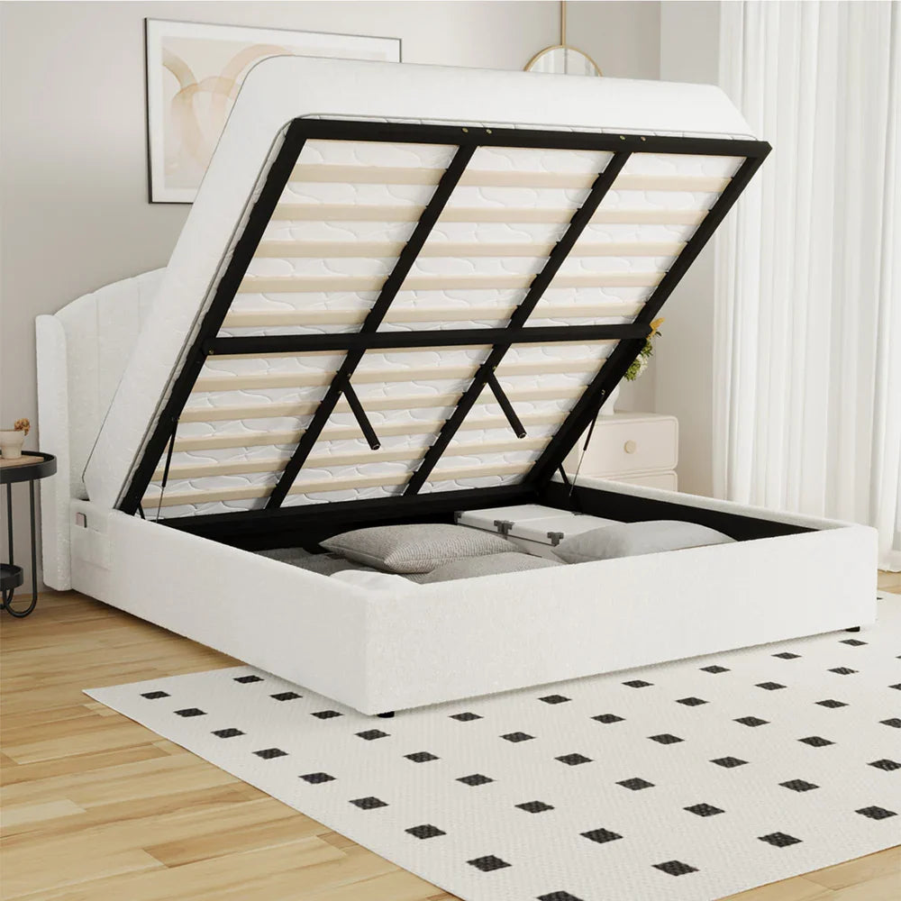 Bed Frame King With Gas Lift Storage USB Charging Boucle
