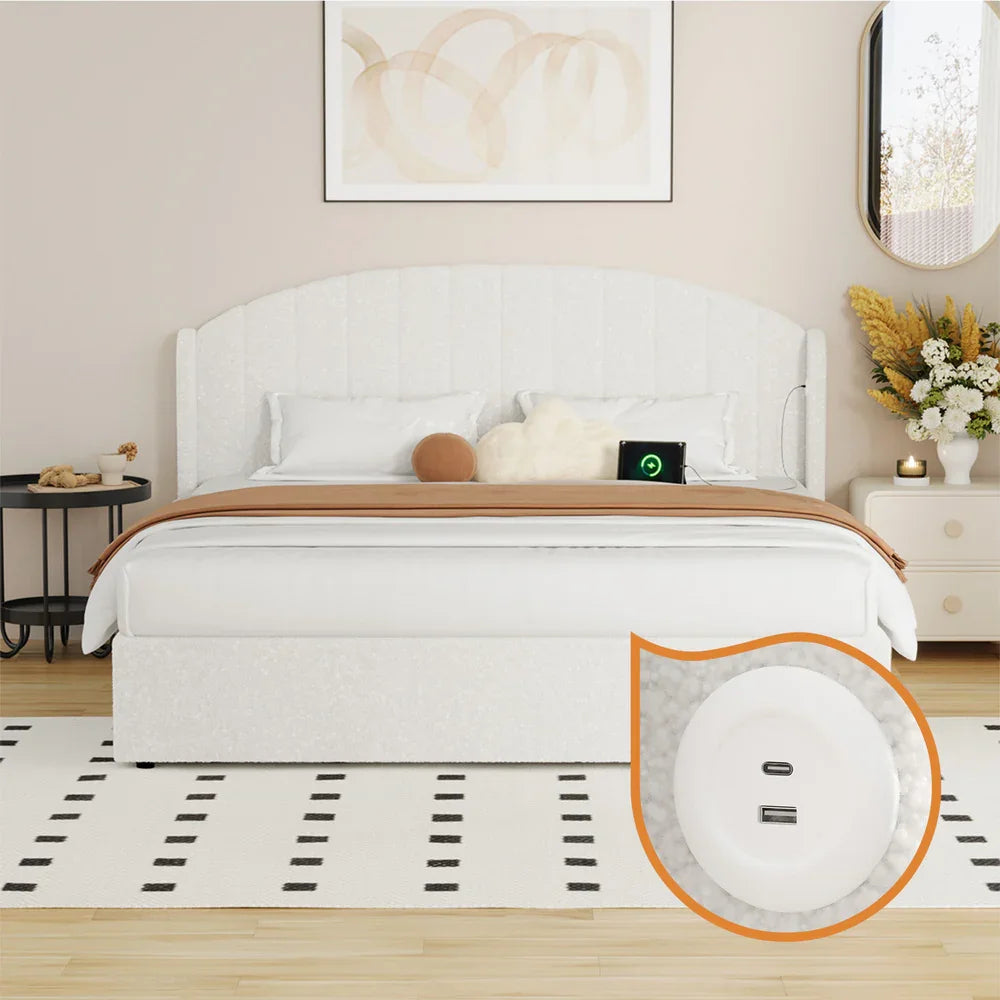 Bed Frame King With Gas Lift Storage USB Charging Boucle