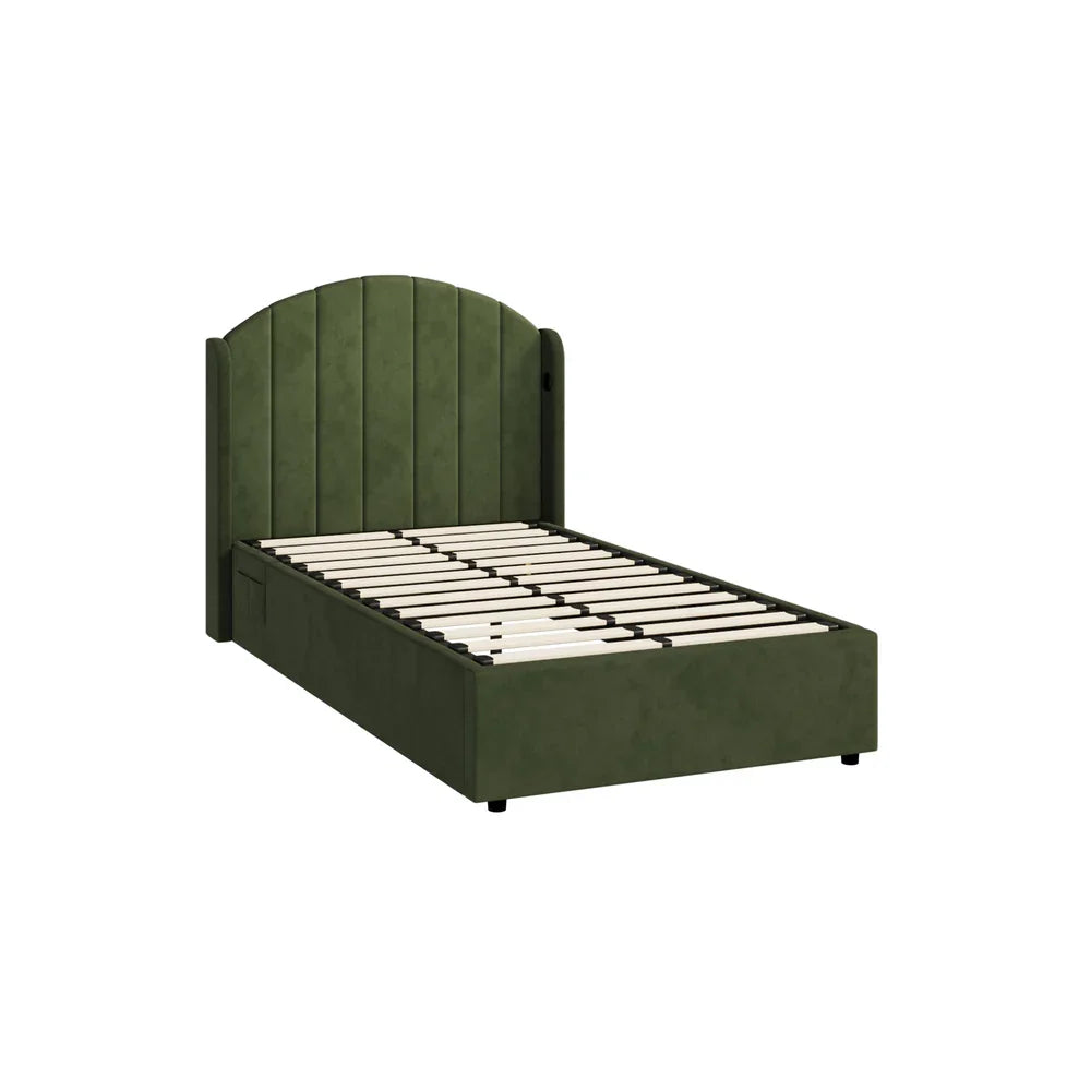 Bed Frame King Single Gas Lift Storage USB Charging Velvet