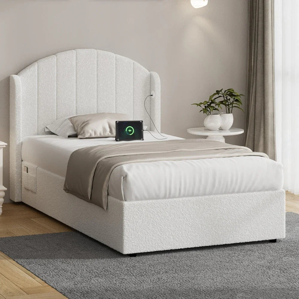 Bed Frame King Single Gas Lift Storage USB Charging Boucle
