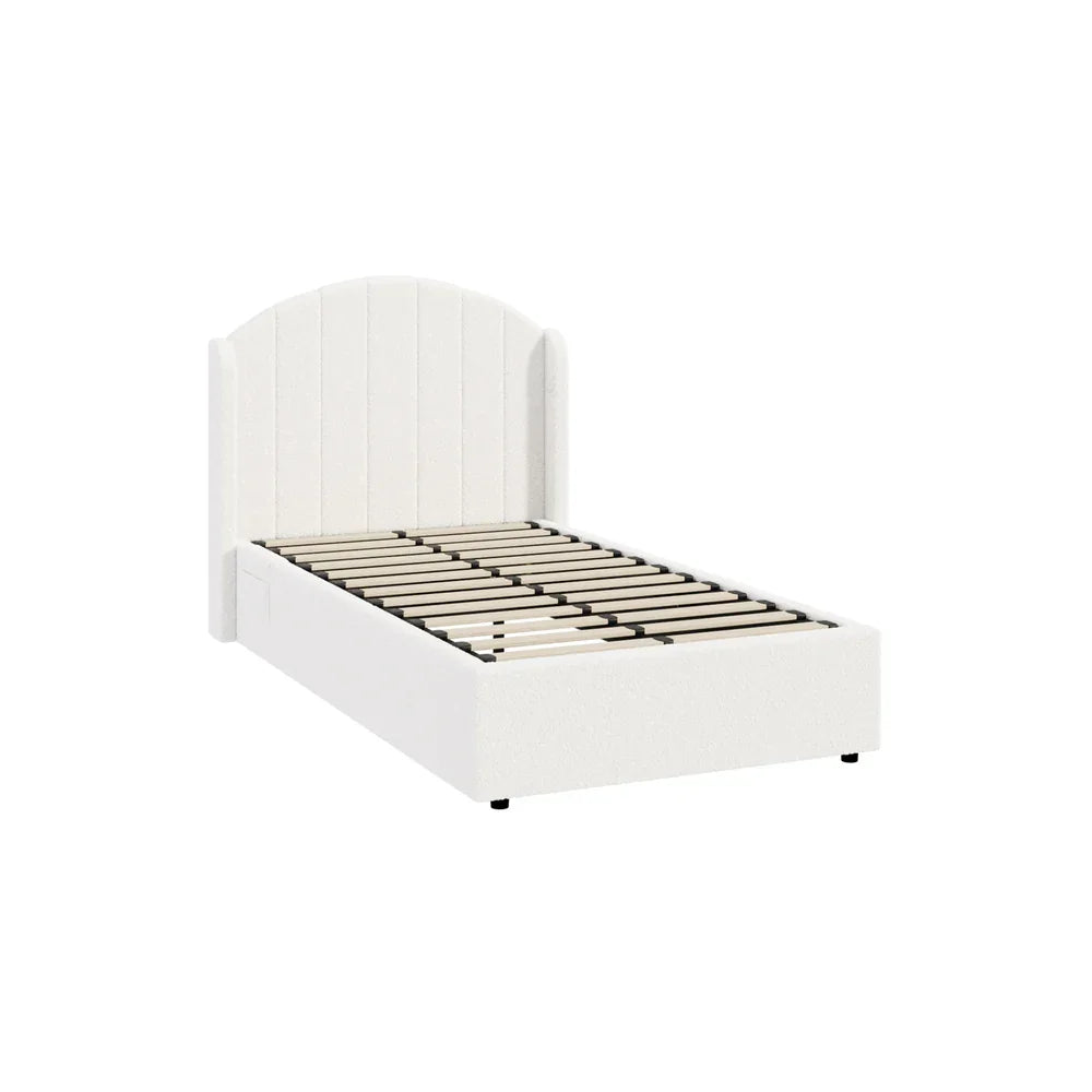 Bed Frame King Single Gas Lift Storage USB Charging Boucle