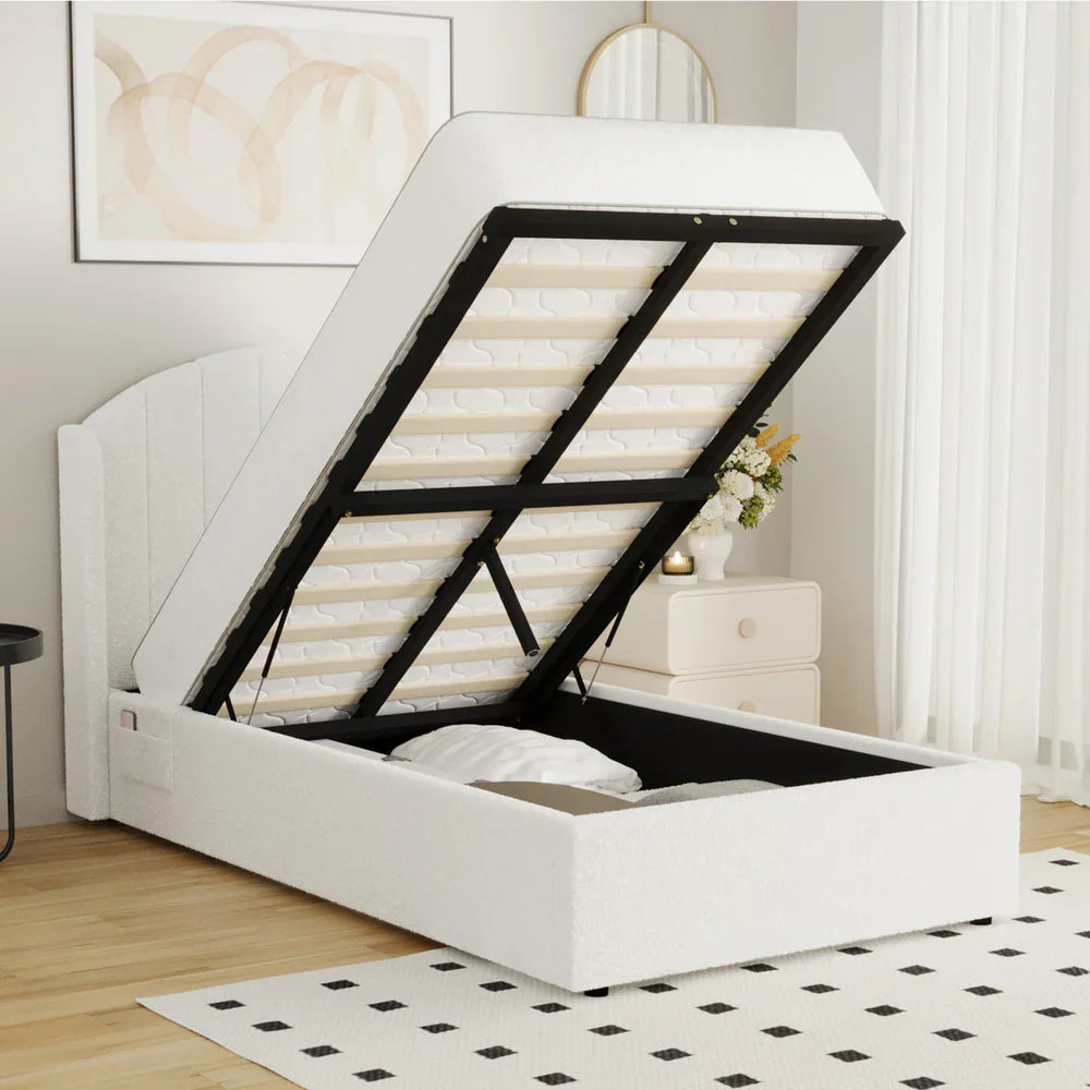 Bed Frame King Single Gas Lift Storage USB Charging Boucle