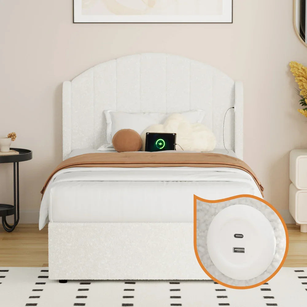 Bed Frame King Single Gas Lift Storage USB Charging Boucle