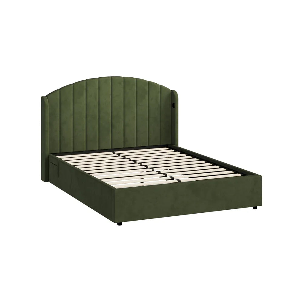 Bed Frame Queen With Gas Lift Storage USB Charging Velvet
