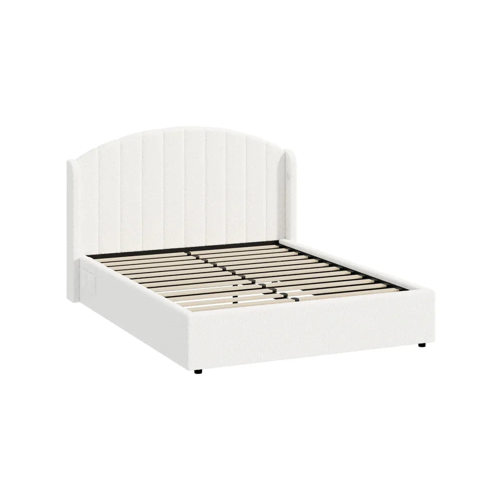 Gas‑Lift Bed Frame – Queen, Boucle Wingback Headboard, USB Port, White