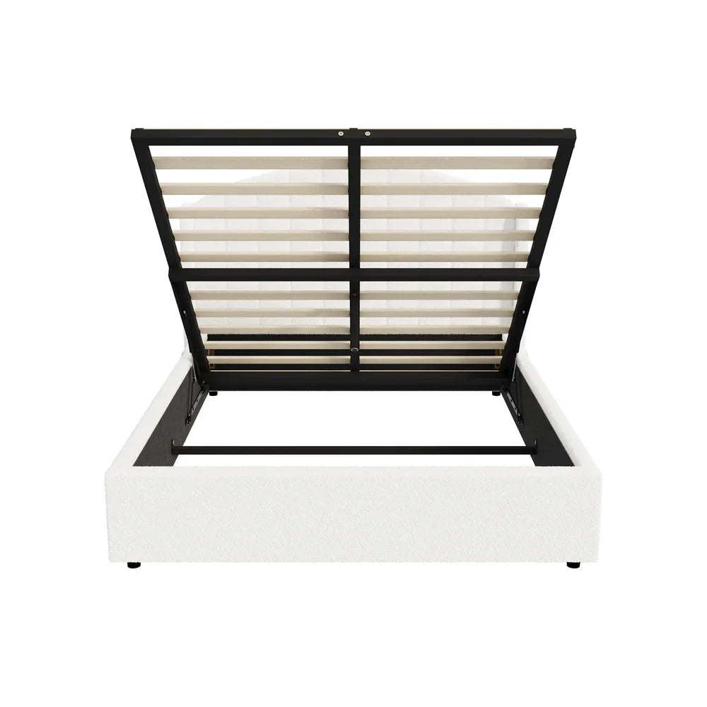 Gas‑Lift Bed Frame – Queen, Boucle Wingback Headboard, USB Port, White