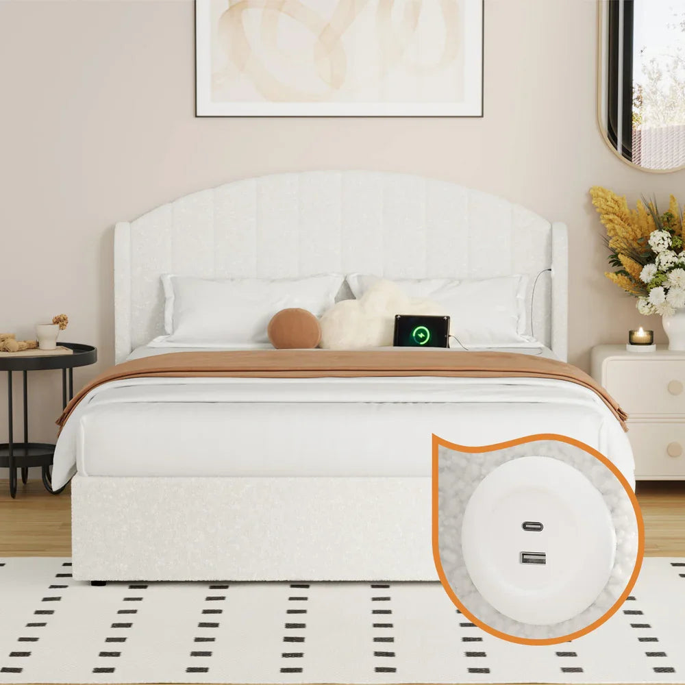 Gas‑Lift Bed Frame – Queen, Boucle Wingback Headboard, USB Port, White