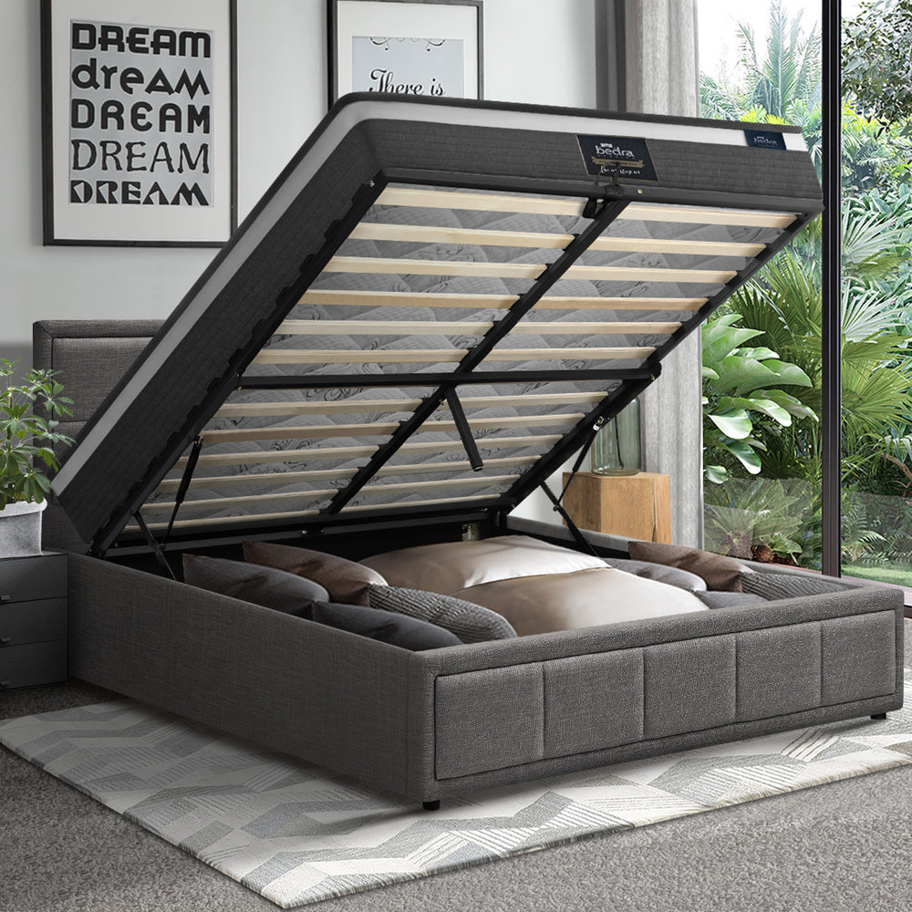 Oikiture Bed Frame With Mattress Set Double Size Gas Lift Grey BOSS