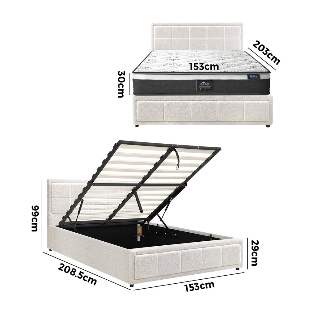 Oikiture Bed Frame With Mattress Set Queen Size Gas Lift White BOSS