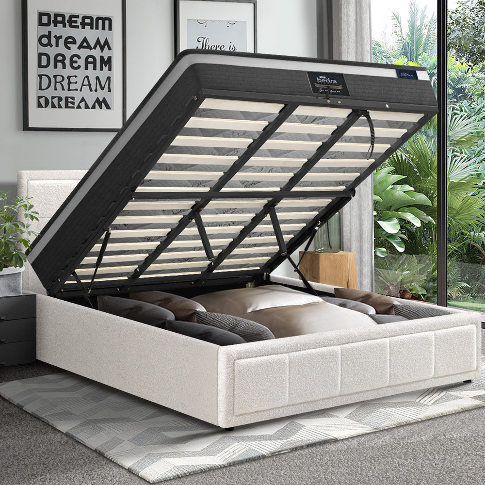 Oikiture Bed Frame With Mattress Set Queen Size Gas Lift White BOSS