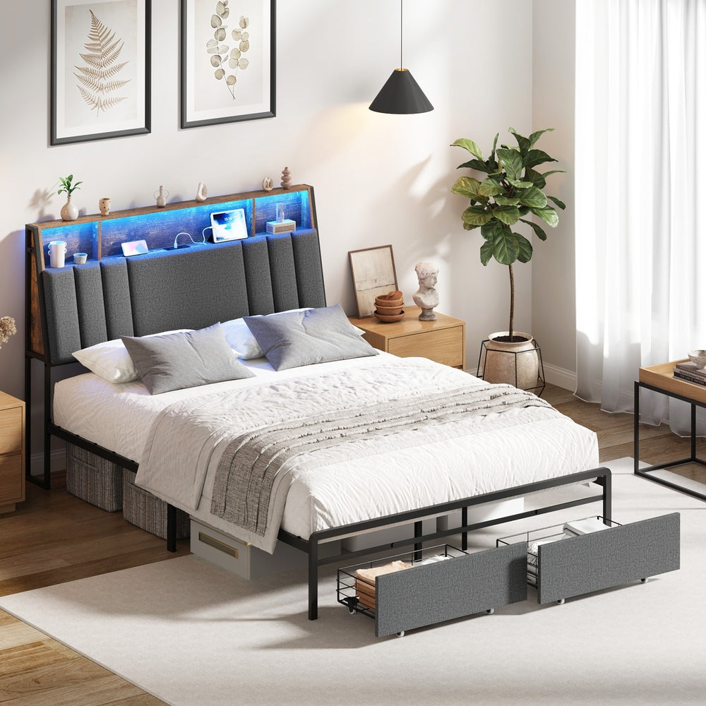 Oikiture Bed Frame Double LED Storage Drawer Charging Station Grey Metal