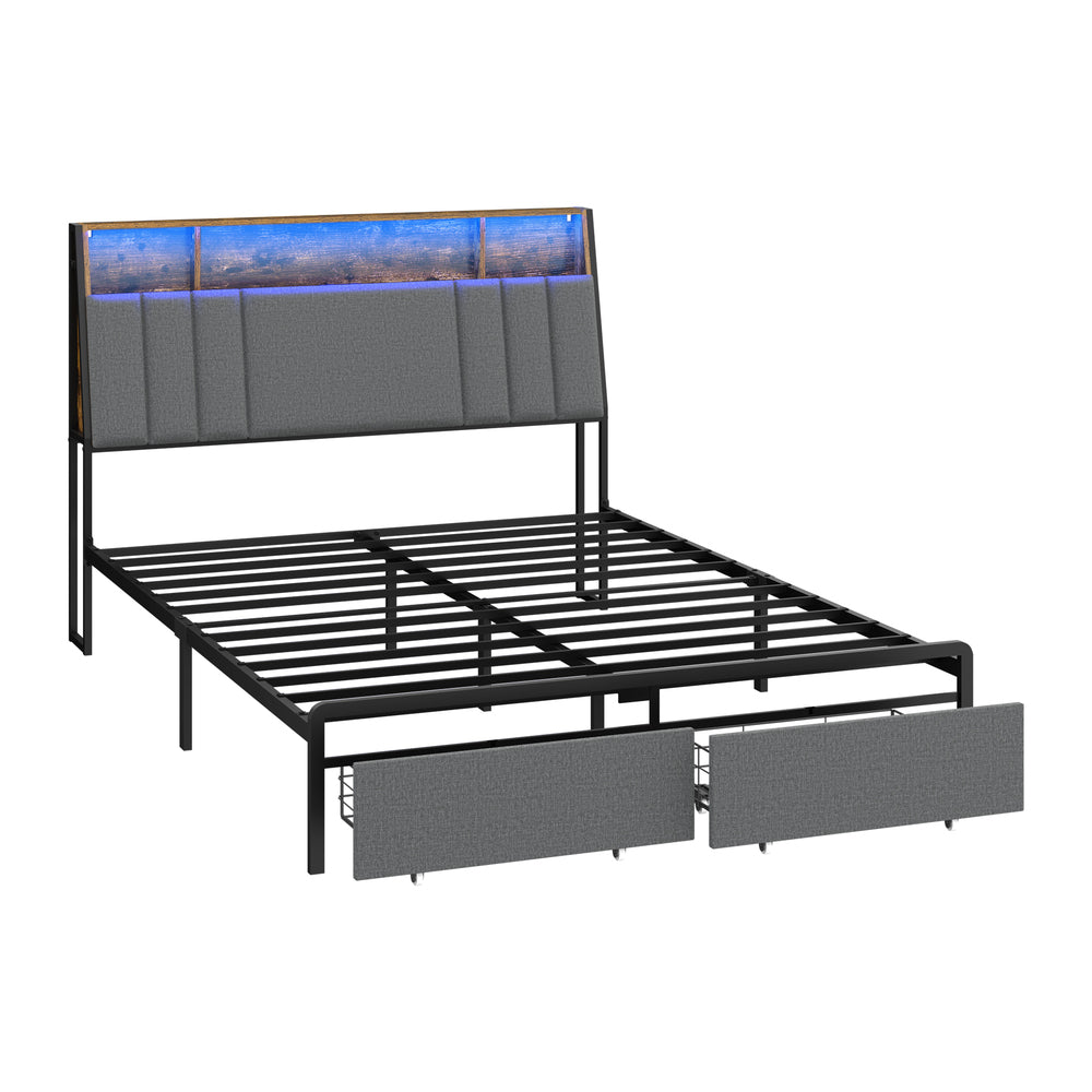Oikiture Bed Frame Double LED Storage Drawer Charging Station Grey Metal